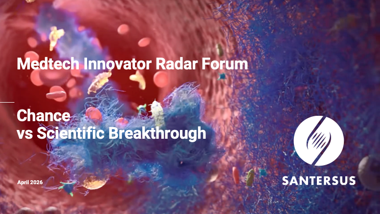 Abstract scientific background with vibrant blues, reds, and oranges, featuring text about the Medtech Innovator Radar Forum, Chance vs Scientific Breakthrough, and the year April 2026. Santersus logo is located on the right side.