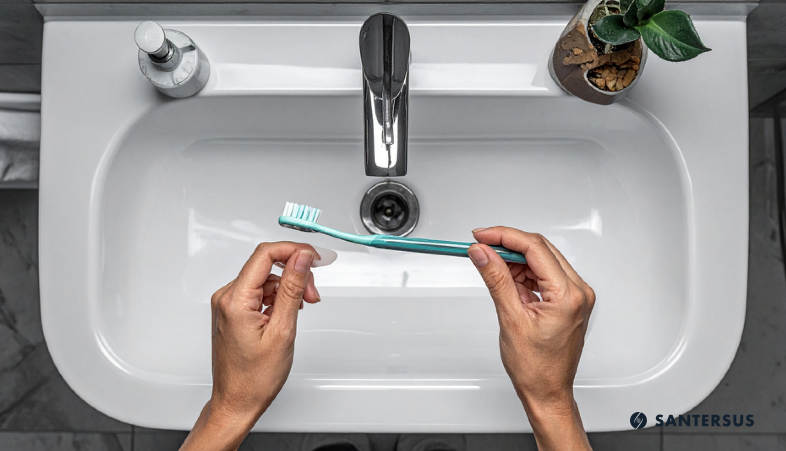 Person holding a toothbrush and toothpaste over a bathroom sink, with a soap dispenser and potted plant on the sink.