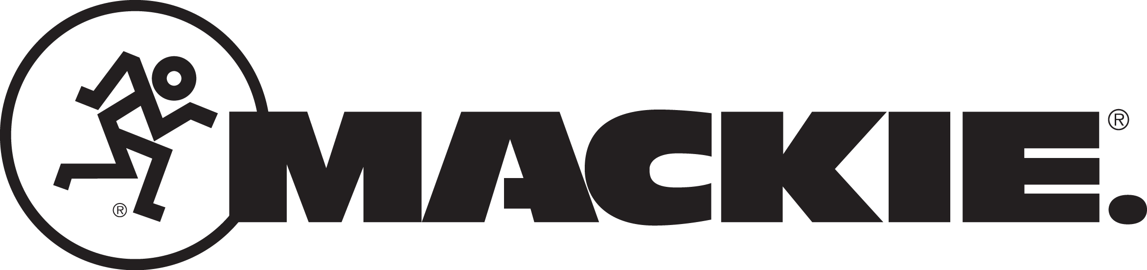 Mackie logo with stylized black text and a circular icon featuring two abstract figures, one in a seated position and one in a running position, on a black background.