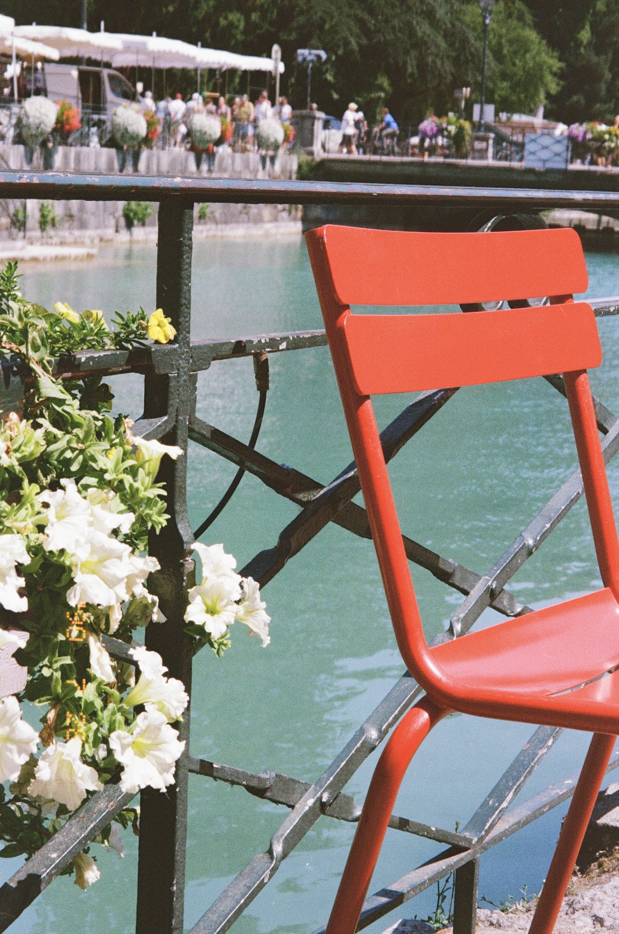 Une chaise rouge posée sur un pont au bord de l'eau, fleurissant de fleurs blanches à gauche, au second plan, avec un fond d'eau et un quai avec des personnes et des fleurs en pot.