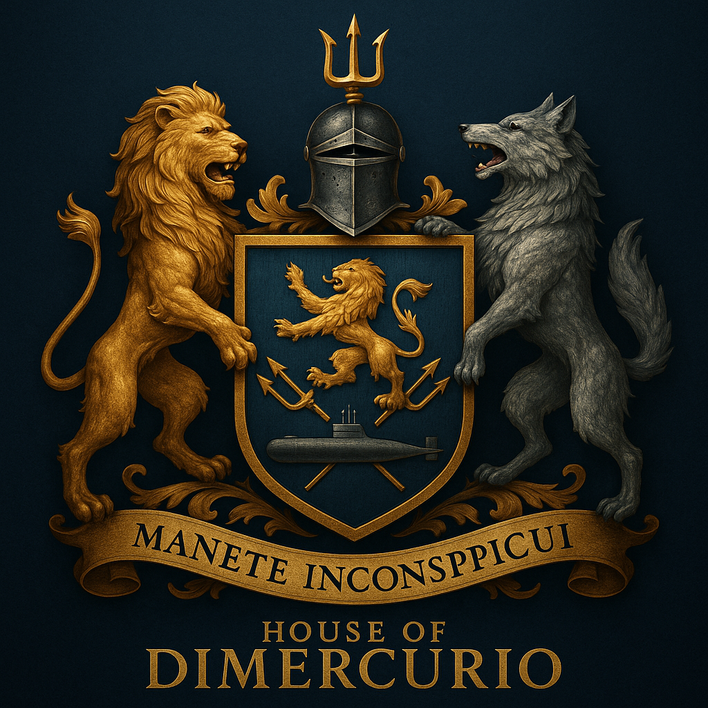 A detailed coat of arms featuring a golden lion on the left and a gray wolf on the right, holding a shield with a smaller lion, a submarine, and other symbols. Above the shield is a helmet with a trident. A banner below reads "MANETE INCONSPICUI," and beneath that is text that says "HOUSE OF DIMERCURIO."