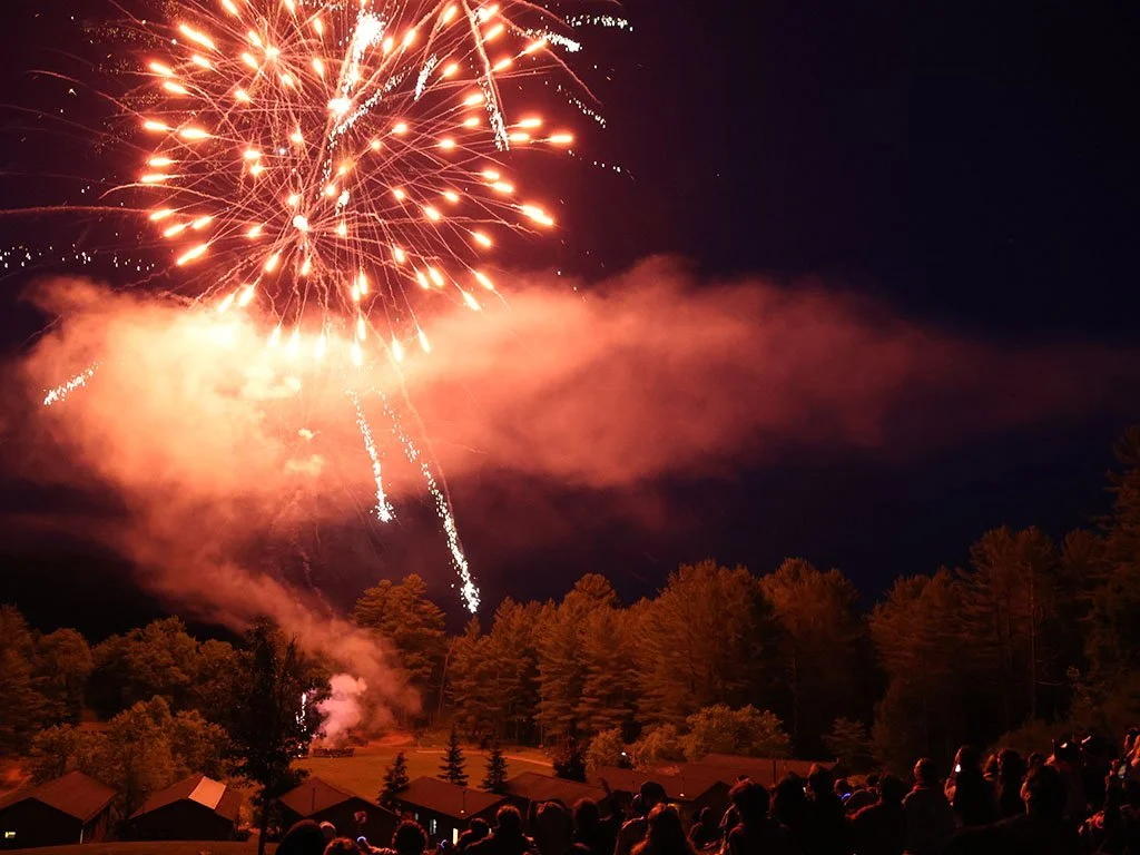 Fireworks display lighting up the night sky over a wooded area, with a crowd of people watching.