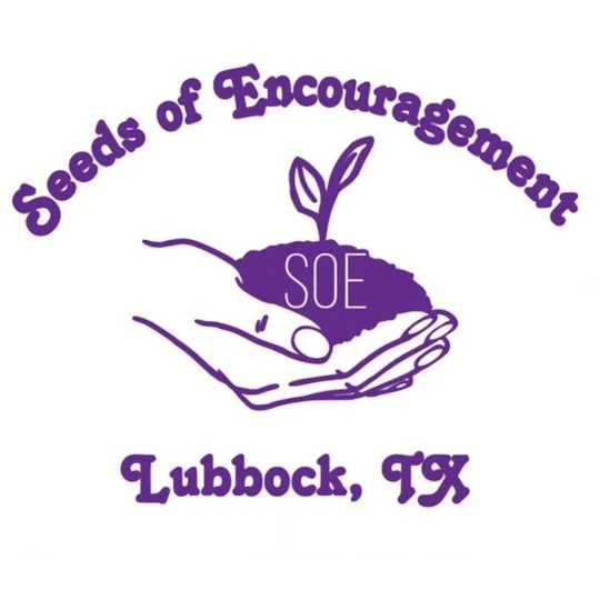 Logo with a hand holding a small plant growing from soil, featuring the text 'Seeds of Encouragement' above, 'Lubbock, TX' below, and 'SOE' written on the soil.