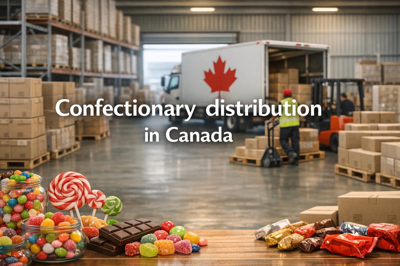 Inside a warehouse with shelves of boxes and a delivery truck marked with a red maple leaf. In the foreground, there are jars of colorful candies, chocolate bars, and wrapped candies on a table.