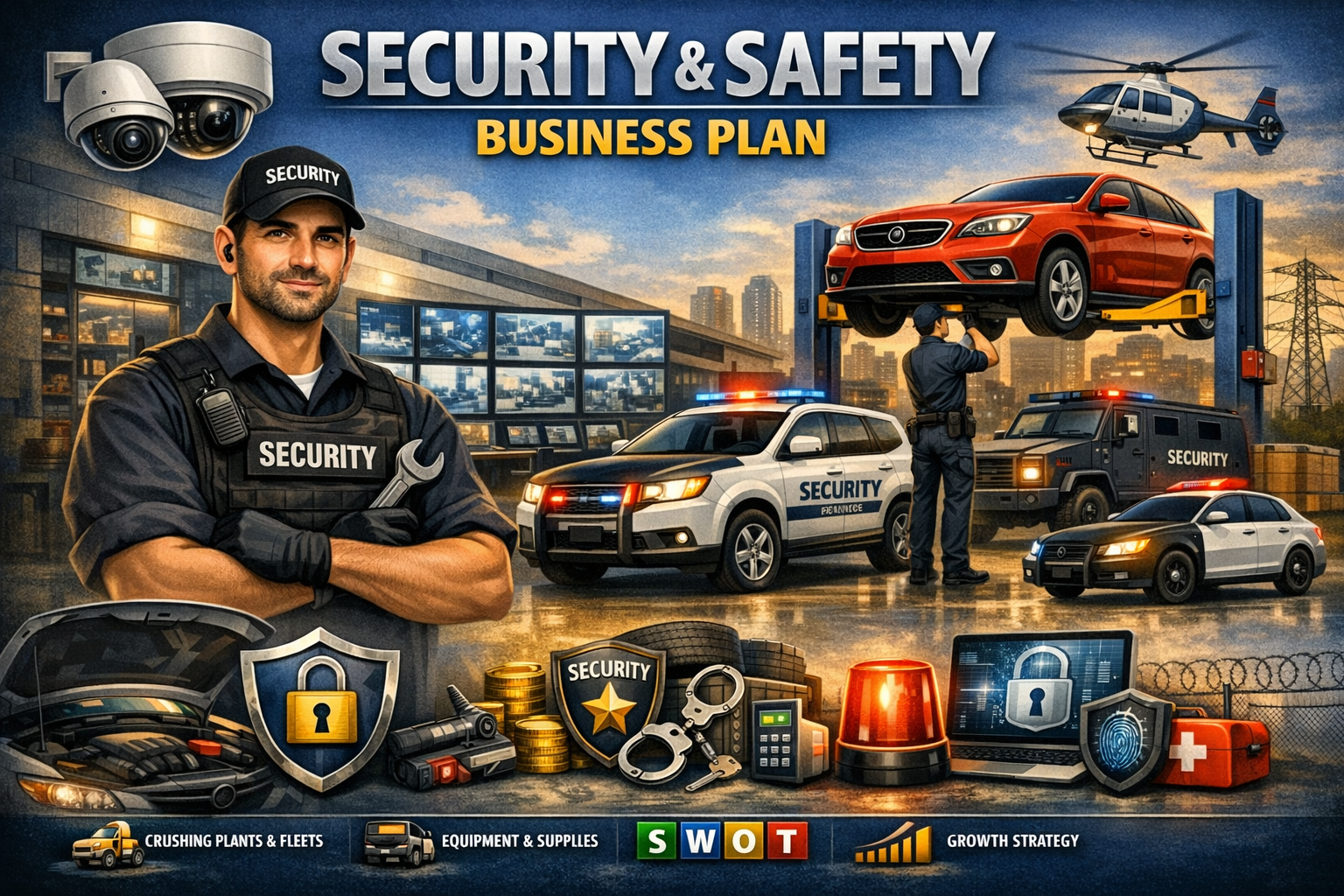 A security and safety business plan poster featuring security personnel, surveillance cameras, security vehicles, and equipment including a wrench, handcuffs, a lock shield, a radar detector, a siren, and a laptop. The poster emphasizes security, saf