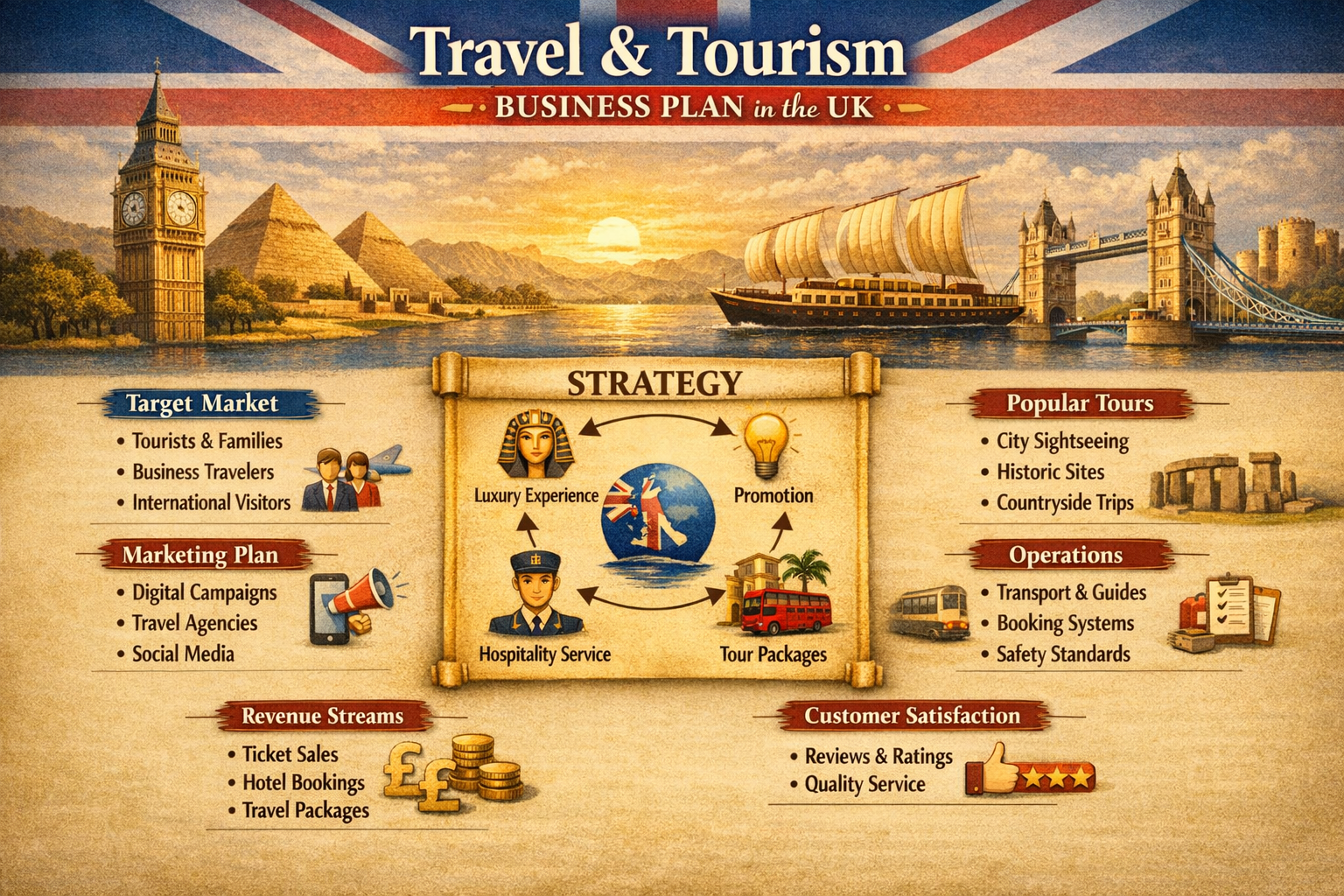 Infographic illustrating travel and tourism business plan strategy in the UK, features iconic landmarks like Big Ben, pyramids, and Tower Bridge, and emphasizes target market, marketing plan, revenue streams, customer satisfaction, popular tours, ope