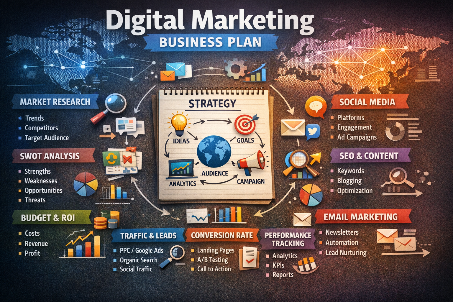 Digital marketing business plan infographic with sections on market research, SWOT analysis, budget and ROI, traffic and leads, conversion rate, performance tracking, social media, SEO and content, email marketing, and strategy components like ideas,