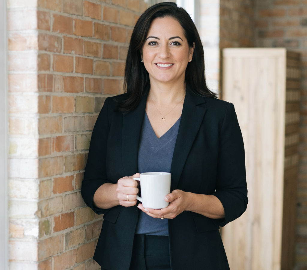 A woman with dark hair, wearing a dark blazer and blue top, holding a white coffee mug and smiling, standing against a brick wall in an indoor setting.