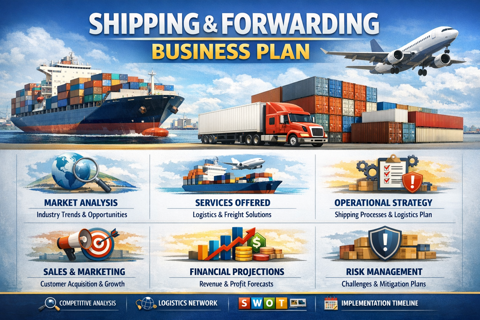A shipping and forwarding business plan infographic featuring ships, trucks, and airplanes. Sections include market analysis, services offered, operational strategy, sales and marketing, financial projections, and risk management, with icons represen