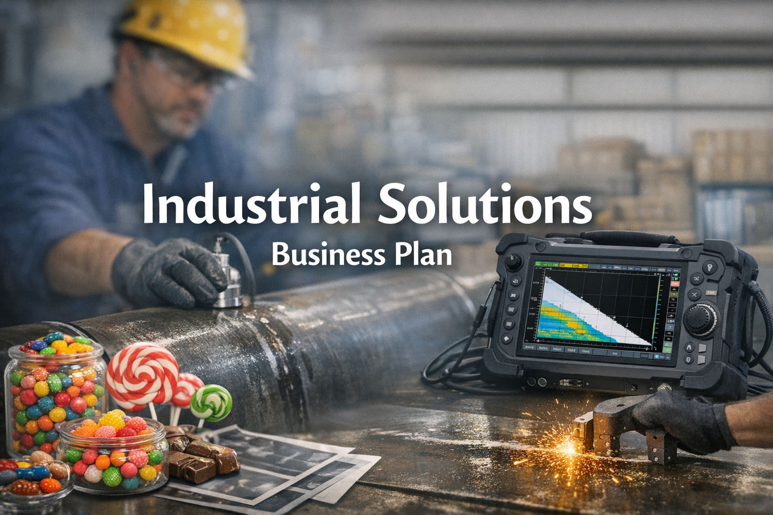 A worker in safety gear welding a metal pipe in a factory setting, with colorful candies and a portable electronic inspection device on the table in the foreground, and the text 'Industrial Solutions Business Plan' overlayed.