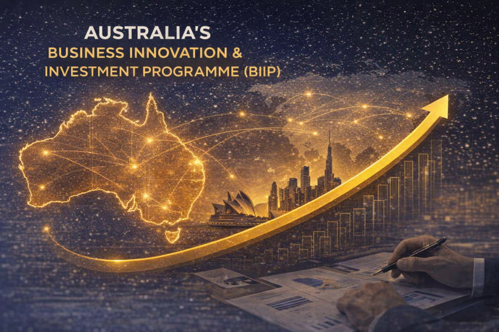 Digital illustration showing Australia's outline with connected points, a city skyline including the Sydney Opera House, a rising arrow, and bar charts, representing Australia's Business Innovation and Investment Program.