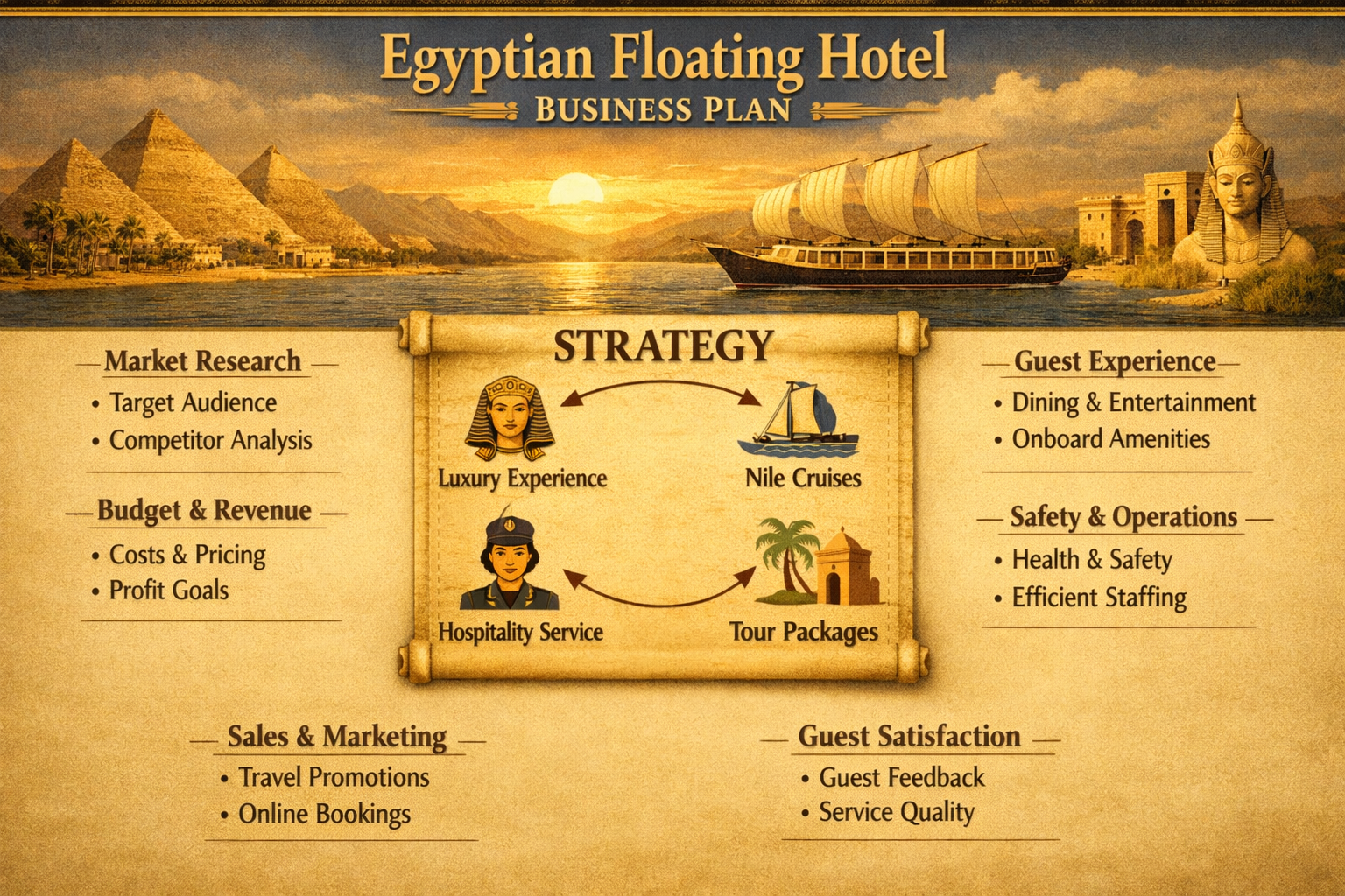 A business plan poster for the Egyptian Floating Hotel featuring a desert scene with pyramids, a boat on the Nile, and a large statue of a pharaoh. The poster includes sections on market research, budget and revenue, sales and marketing, guest experi