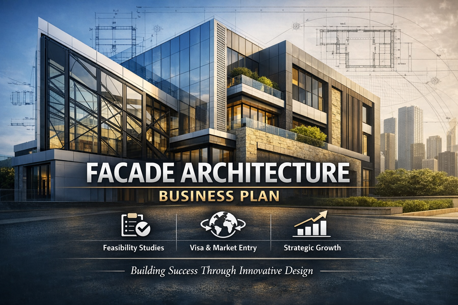 A modern building with large glass windows, set against a city skyline, overlaid with text that reads 'Facade Architecture Business Plan' and icons representing feasibility studies, global market entry, and strategic growth.