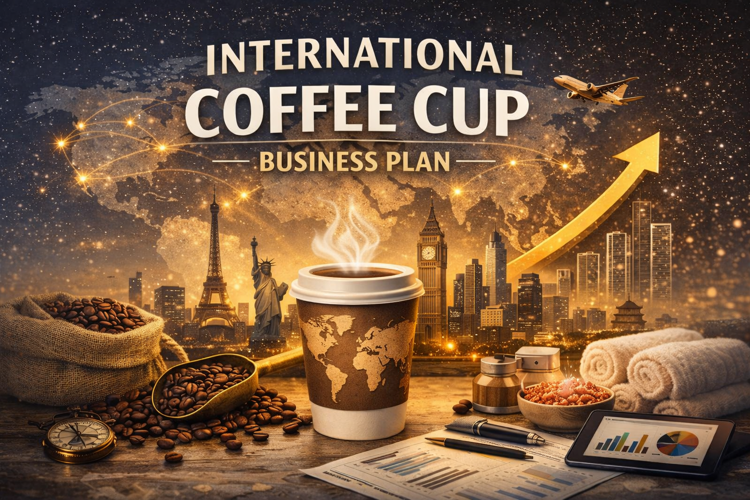 A coffee cup with a world map design and steam rising, surrounded by coffee beans, a spoon, a pocket watch, documents, rolled towels, containers, and a tablet, with a city skyline and famous landmarks in the background, and an upward trending arrow s