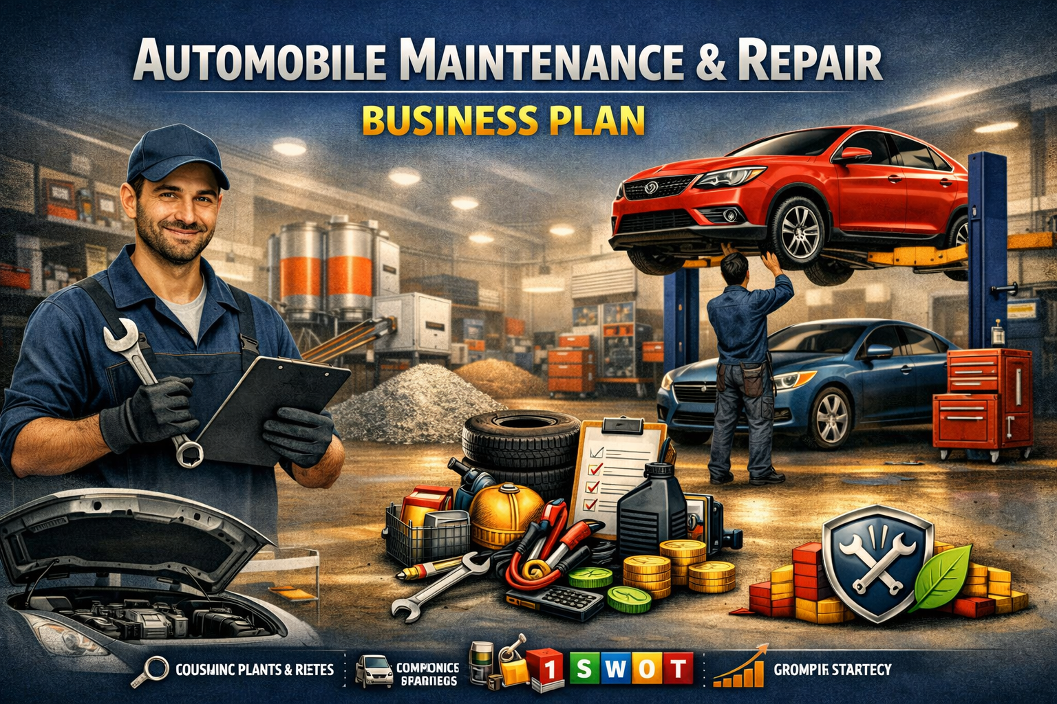 An auto repair shop with a mechanic inspecting a red car on a lift. Another mechanic is working on a gray car. Various tools and automotive supplies are spread on the floor. A smiling man in a blue uniform holds a clipboard and wrench. The image adve