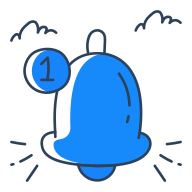 A blue school bell with the number 1 on a tag hanging from it, surrounded by small lines and clouds.