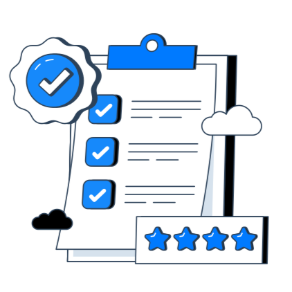A checklist on a clipboard with three marked items, a badge with a checkmark, floating clouds, and a five-star review rating.