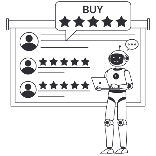 A robot with the label 'AI' is standing in front of a digital review board with a speech bubble that says 'BUY' and five stars, indicating a high rating. The review board displays user profiles with star ratings and comments.