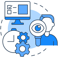 Illustration of a person with a large eye, gears, a computer monitor, and a clock, representing analysis or monitoring.
