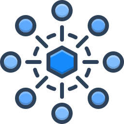 A digital illustration of a central blue hexagon surrounded by smaller blue circles connected with lines, representing a molecular or network diagram.