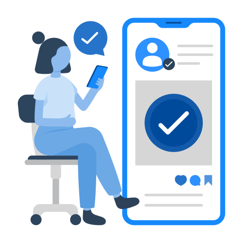 Illustration of a woman sitting on a stool, holding a smartphone with a checkmark icon above her head, and a large smartphone screen displaying a profile picture, checkmark, and social media icons.