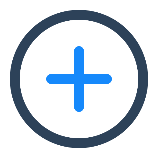 A plus sign inside a circle, with a dark border and a blue symbol.