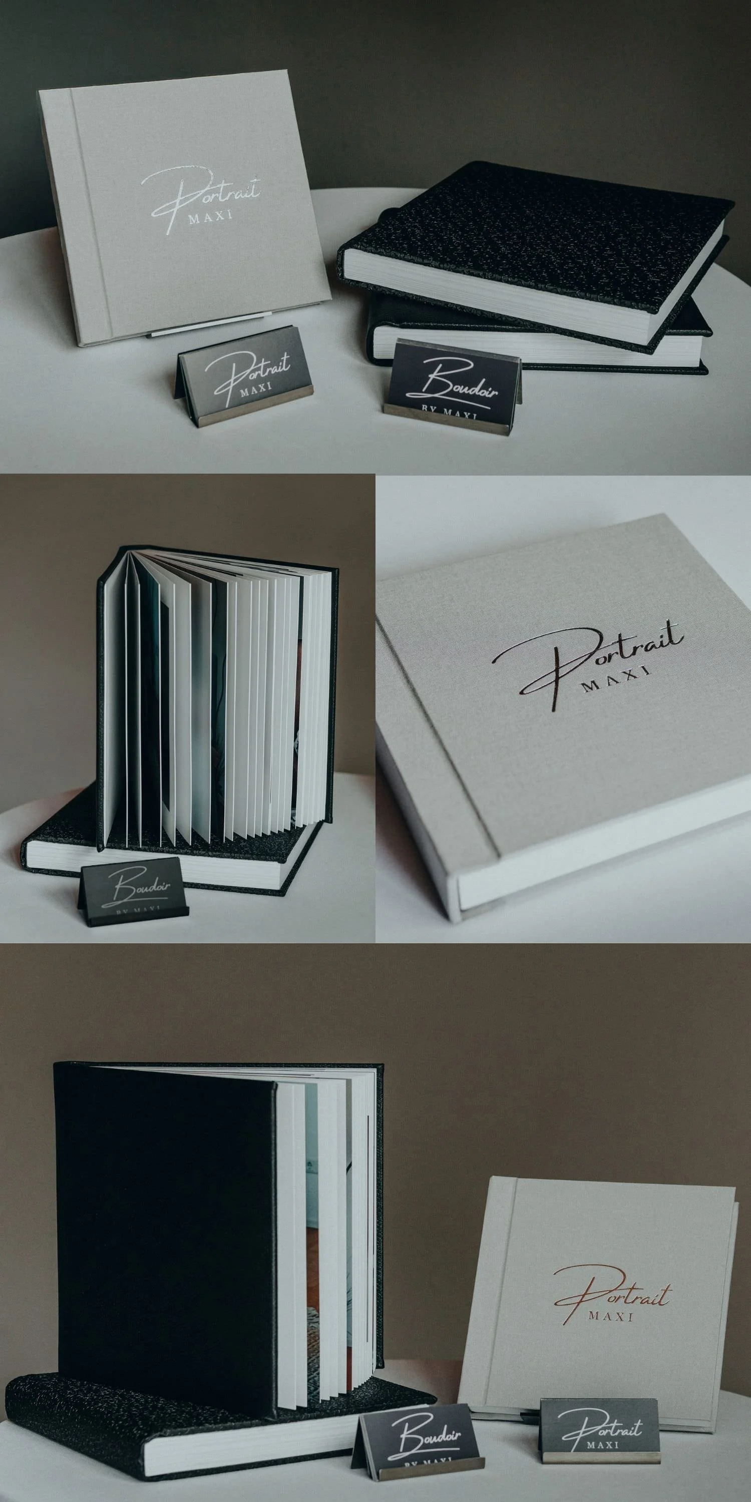 Photographic collage of two hardcover photo albums, one black and one beige, open to reveal picture pages, alongside gray and black labeled blocks with white text reading "Portrait MAXI" and "Bourdoir BY MAXI."