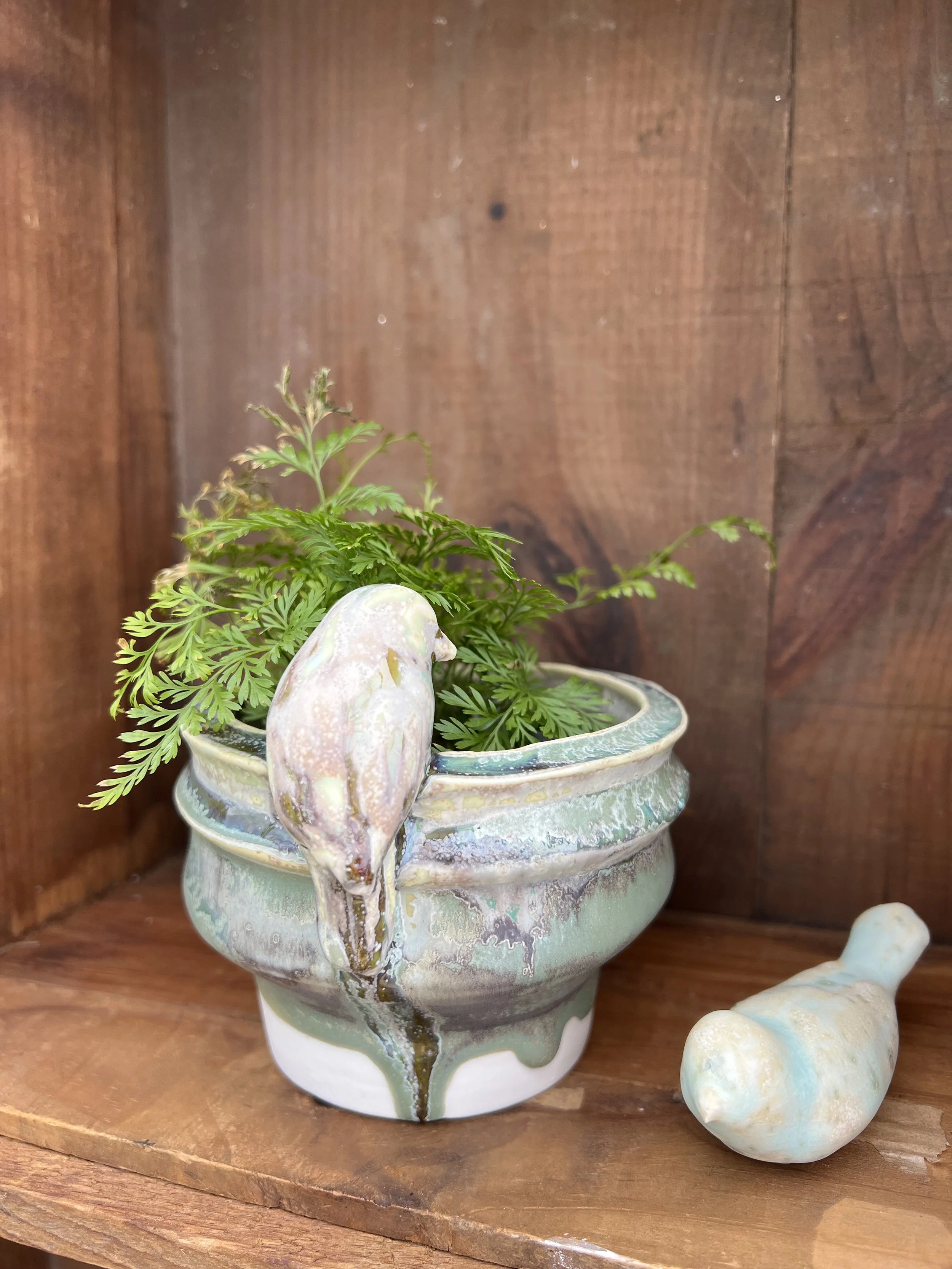 A ceramic pot with a plant and two gourd-shaped decorations, one hanging on the pot's edge and one on the wooden surface, against a wooden background.