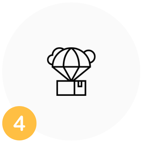 Eenvoudige zwarte lijntekening van een luchtballon met een diamant en een pakket eronder, binnen een witte cirkel.