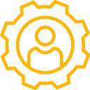 Een gestileerd pictogram van een persoon binnen een tandwiel, illustratie in oranje kleur.