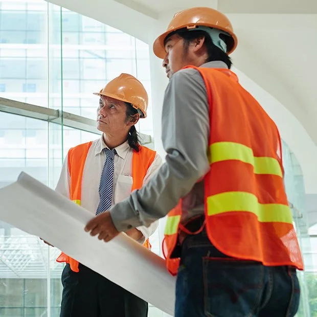 Twee bouwvakkers in veiligheidshelmen en reflecterende veiligheidsvesten die discussiëren over een bouwplan in een modern gebouw.