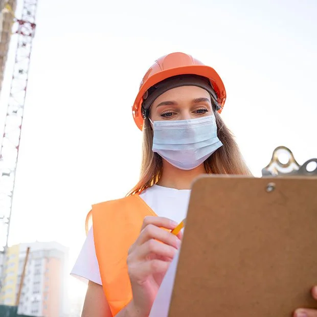 Vrouw in veiligheidshelm en mondmasker die notities maakt op een clipboard op een bouwplaats.
