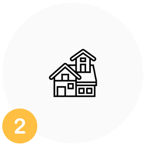 Schematische icon van een huis met meerdere verdiepingen en daken.