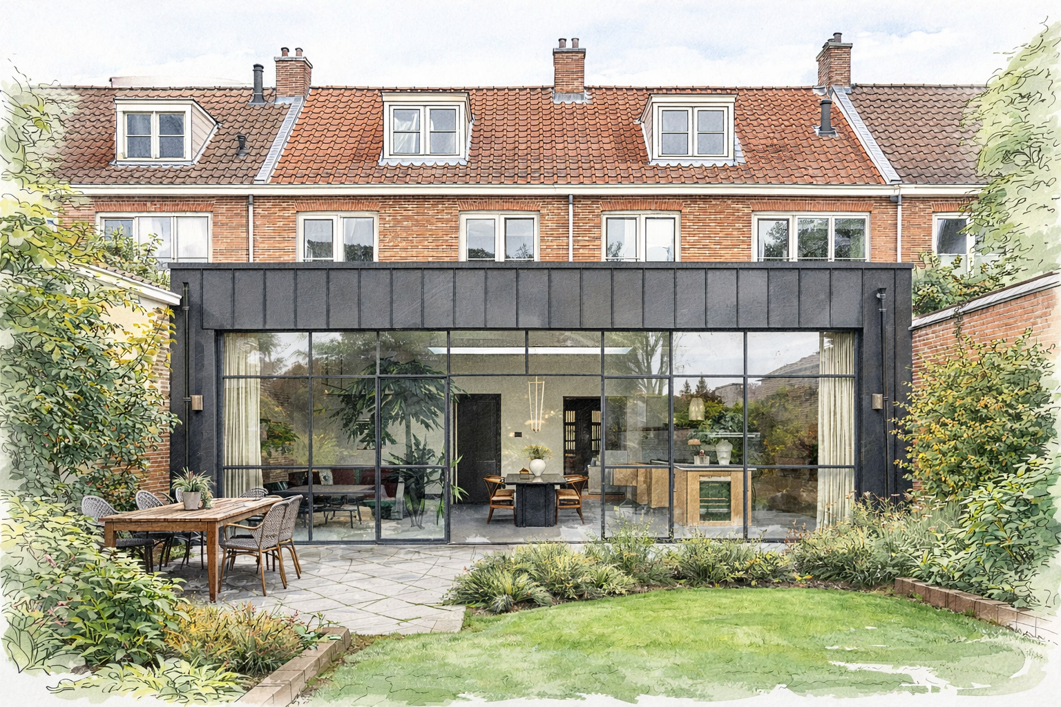 Moderne tuin met zithoek en grote glazen gevel, omgeven door groene planten en een grasveld.