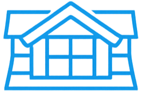 Omkader van een huis met een dak en ramen, getekend in blauw lijnen.