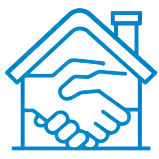 Een teken van een huis met twee handen die elkaar de hand schudden