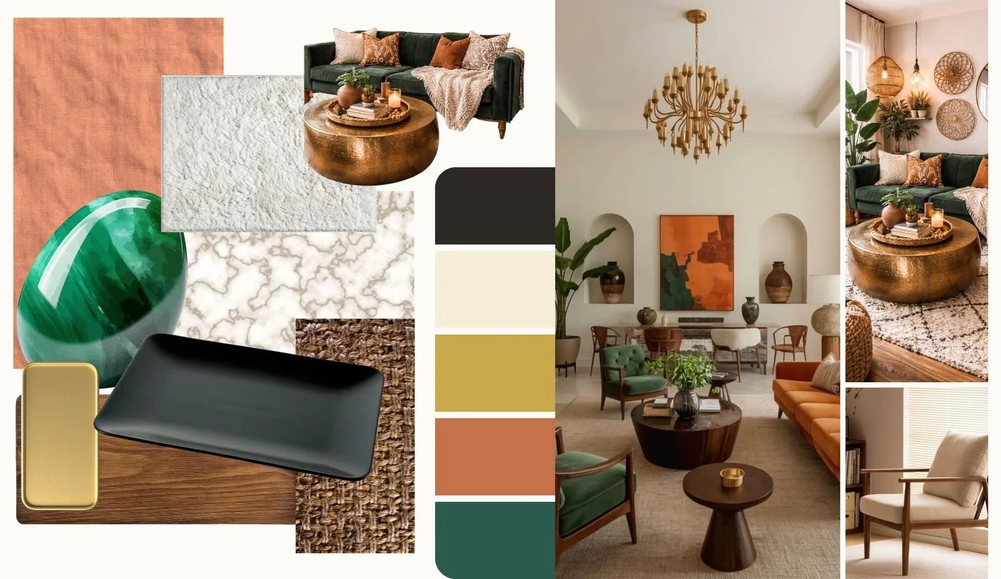 A ground floor colour concept moodboard for gathering.
Freya&rsquo;s brief was clear &mdash; she wanted a space that reflected her personality and made people feel welcome the moment they walked in.
Deep emerald grounds the scheme with presence. Terr