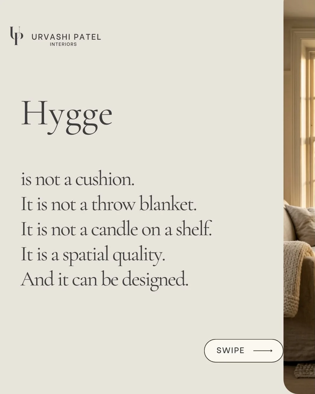 Hygge gets reduced to interiors styling more often than it should.
The word has no direct English translation &mdash; but the closest version is something like: the feeling of being warmly present, in a space that supports it.
That feeling is not cre