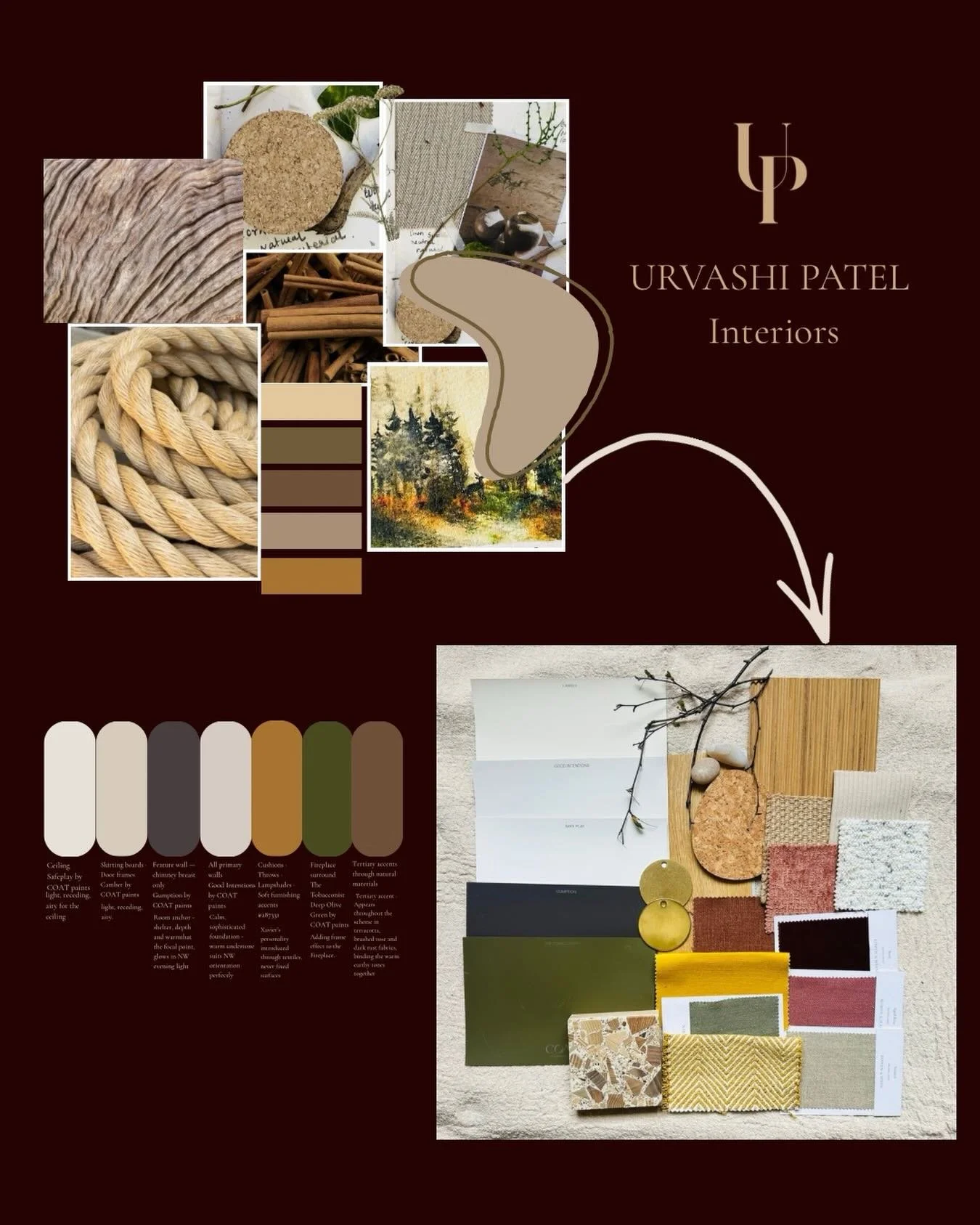 From concept to material scheme.

Every considered interior begins here &mdash; with the work of translation. 

A mood board captures the feeling of a space: its warmth, its weight, its atmosphere. The material board is where that feeling becomes som