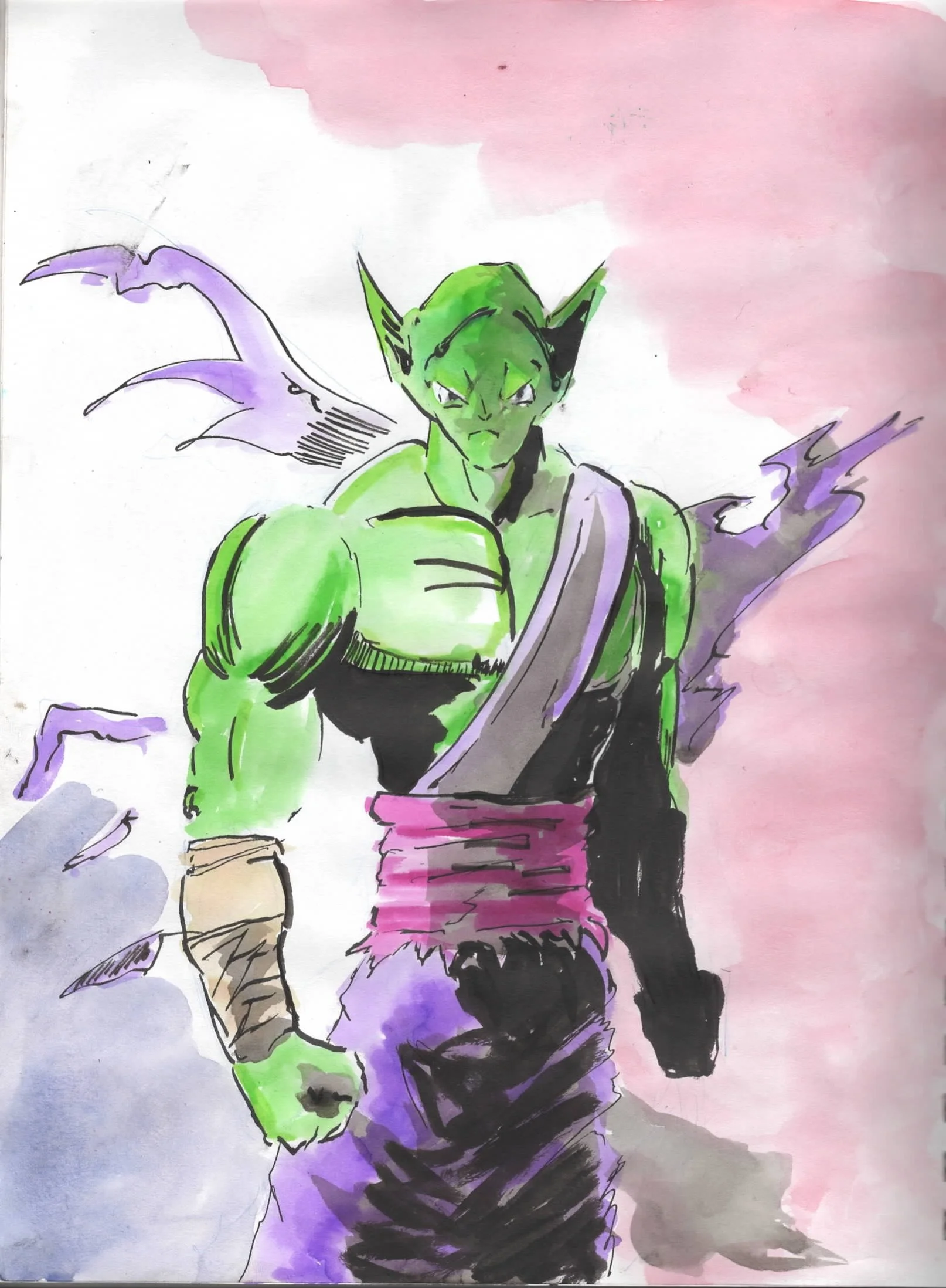 A colorful illustration of Piccolo from Dragon Ball Z, with green skin, pointy ears, purple clothing, and a serious expression, against a pink and purple background.