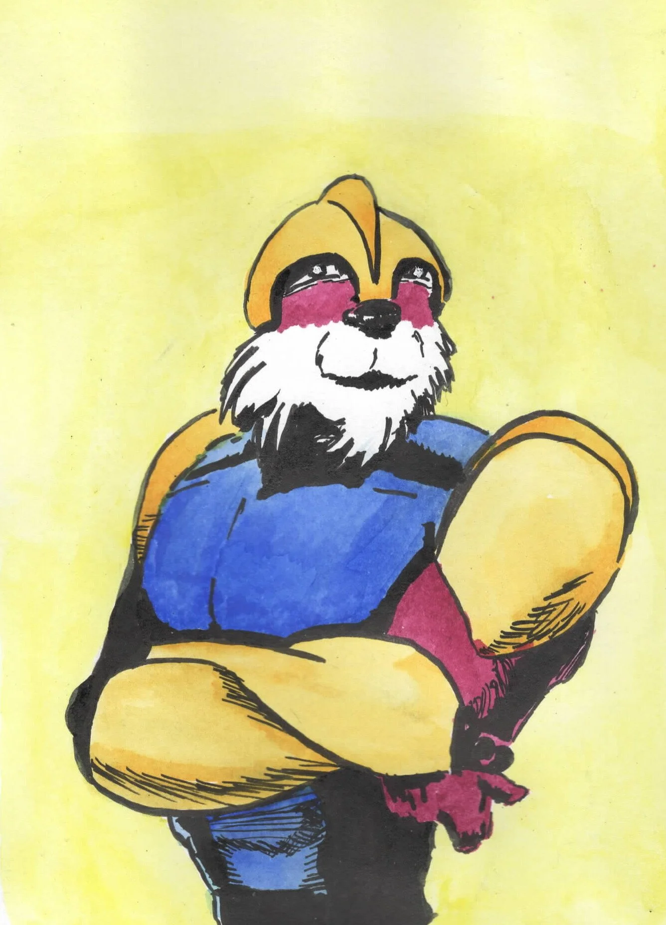 A cartoon drawing of a dog dressed as a superhero, wearing a yellow cape and mask, with a blue shirt against a yellow background.
