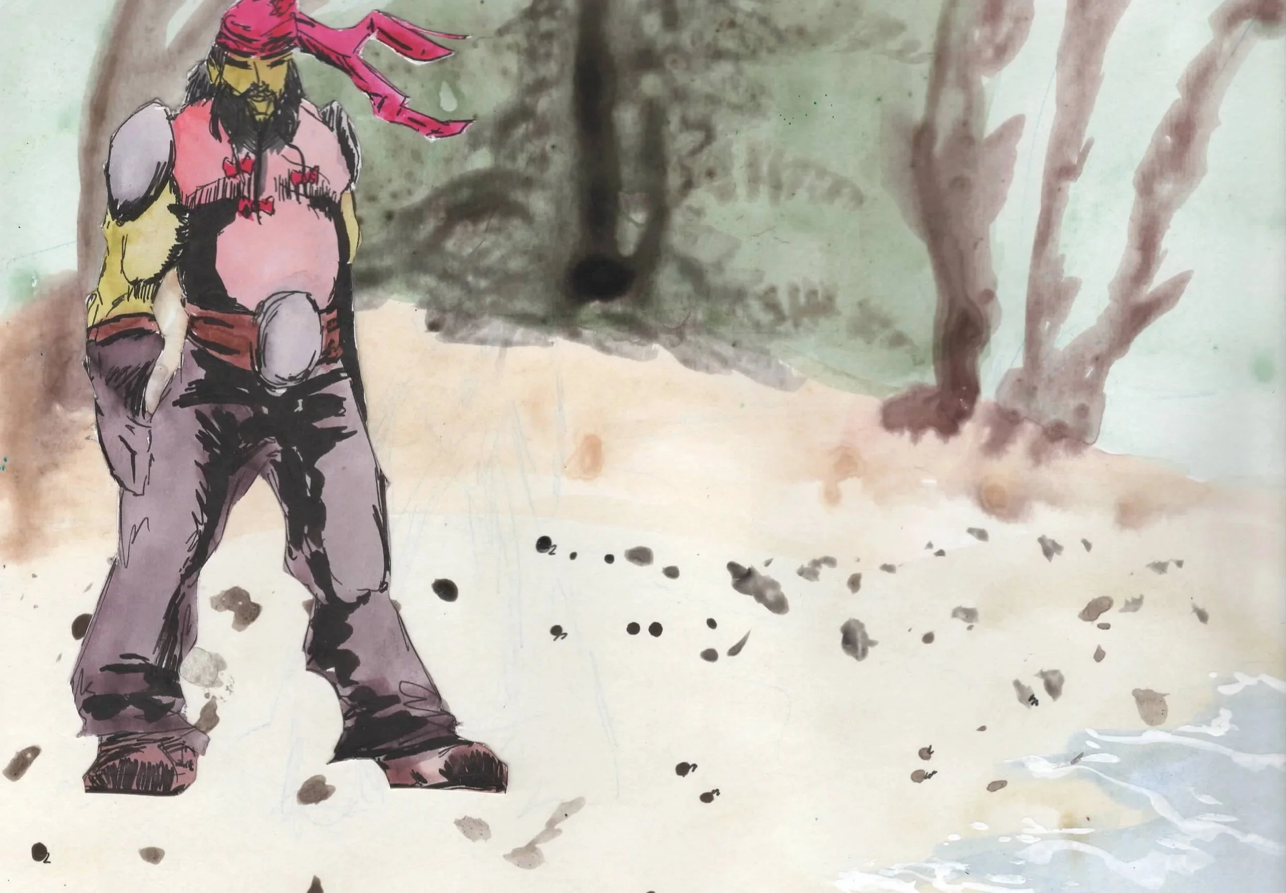 A colorful drawing of a person with long hair, wearing a pink bandana, a pink vest, gray pants, and black shoes, standing outdoors near trees with a background of green and brown watercolor washes.