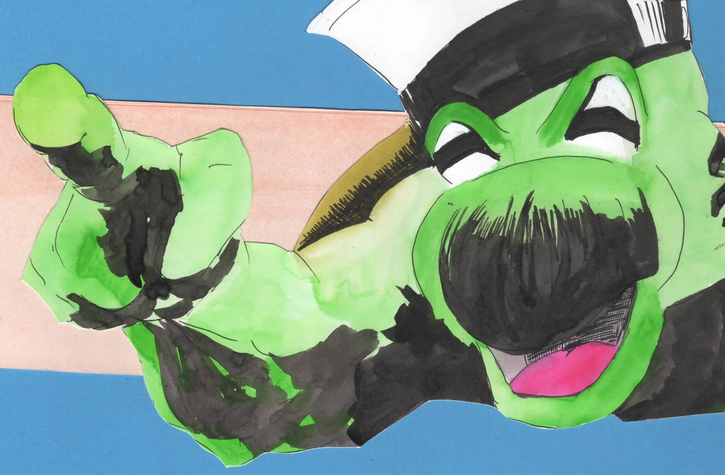 Colorful illustration of a muscular green superhero with a large beard, wearing a black headband and suit, smiling and giving a thumbs-up, with a blue and beige background.