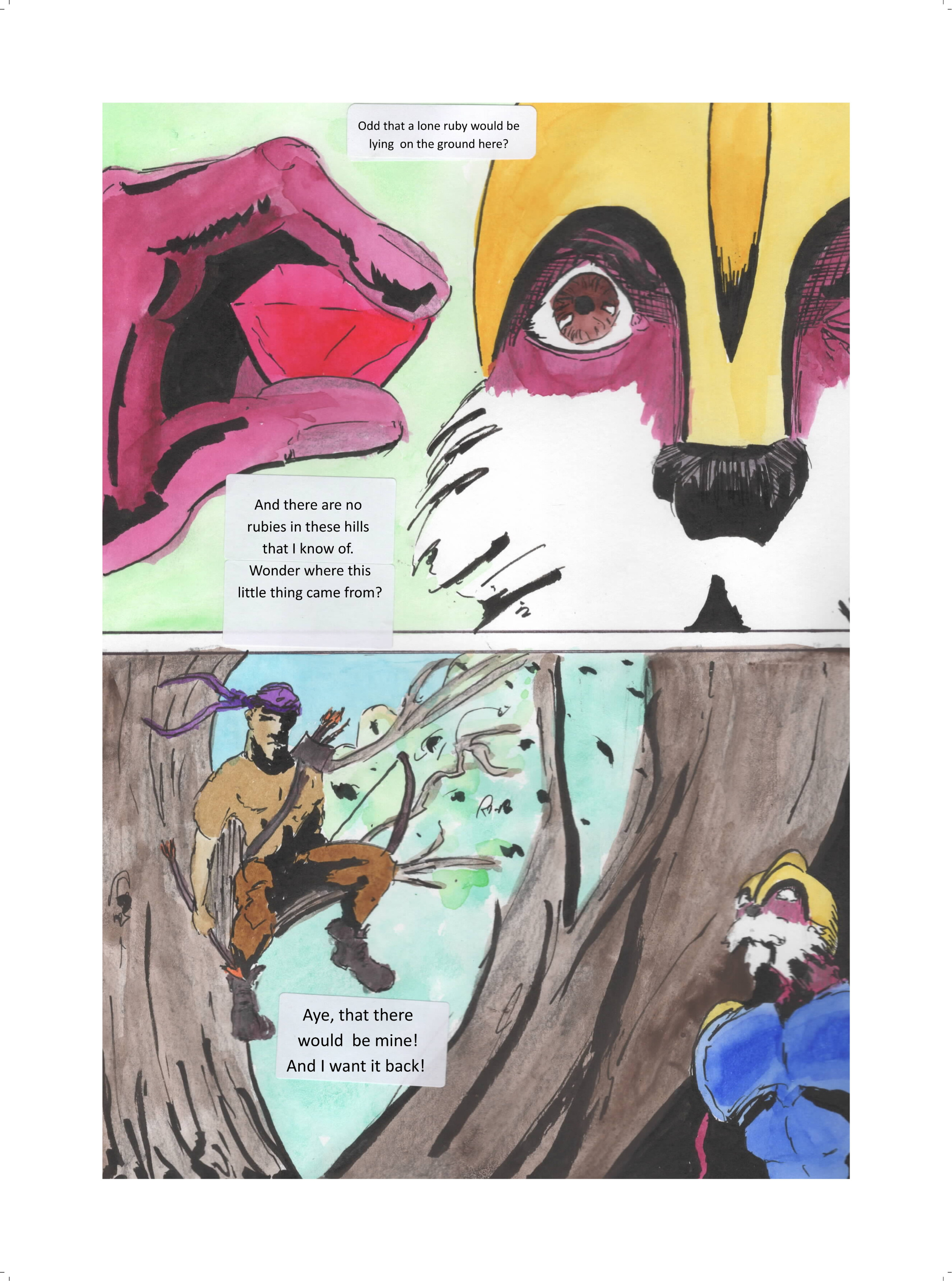 Illustration of a lion's face, a pink hand holding a ruby, and a scene with a person climbing a tree and another person with a beard watching, all with dialogue boxes discussing a ruby and a treasure.