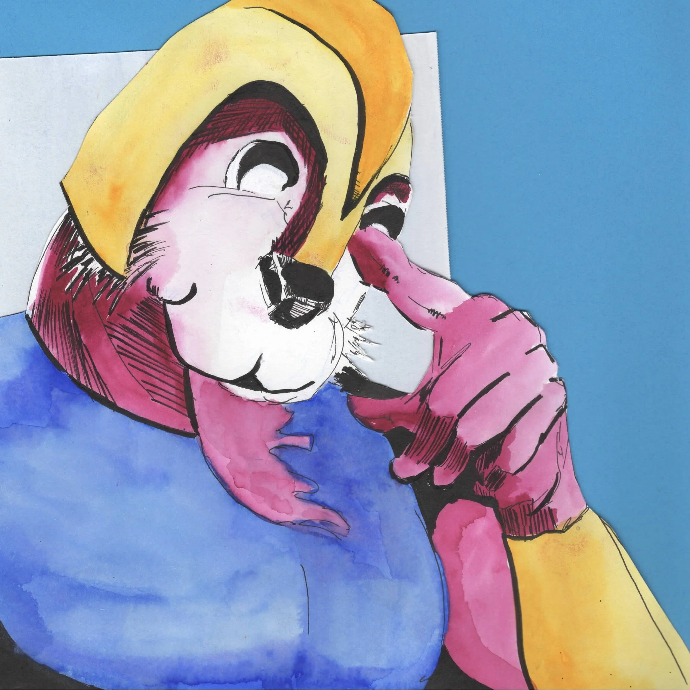 Colorful illustration of an anthropomorphic dog character wearing a yellow hat and blue shirt, holding its finger to its lips in a shushing gesture.