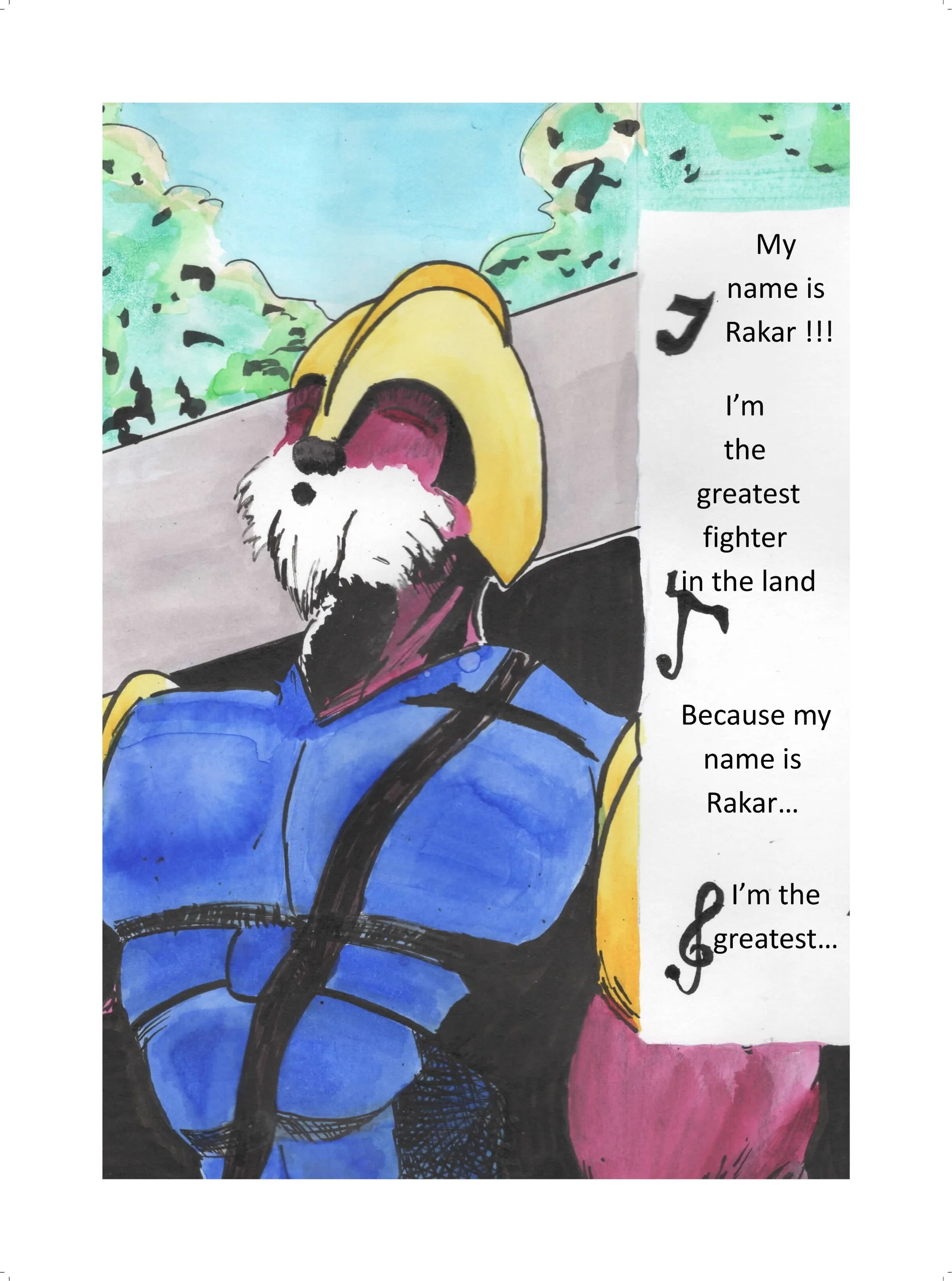 A colorful drawing of a dog wearing a construction helmet and a blue vest, sitting in a vehicle with trees in the background. There is a white text box on the right with a poem about a dog named Rakar.