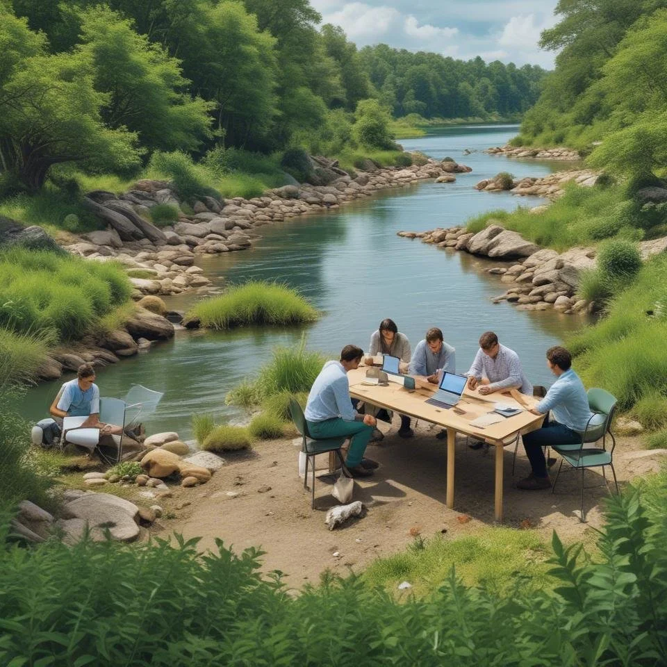 Six people working on laptops and papers around a table set outdoors beside a river, with greenery and trees surrounding the area.
