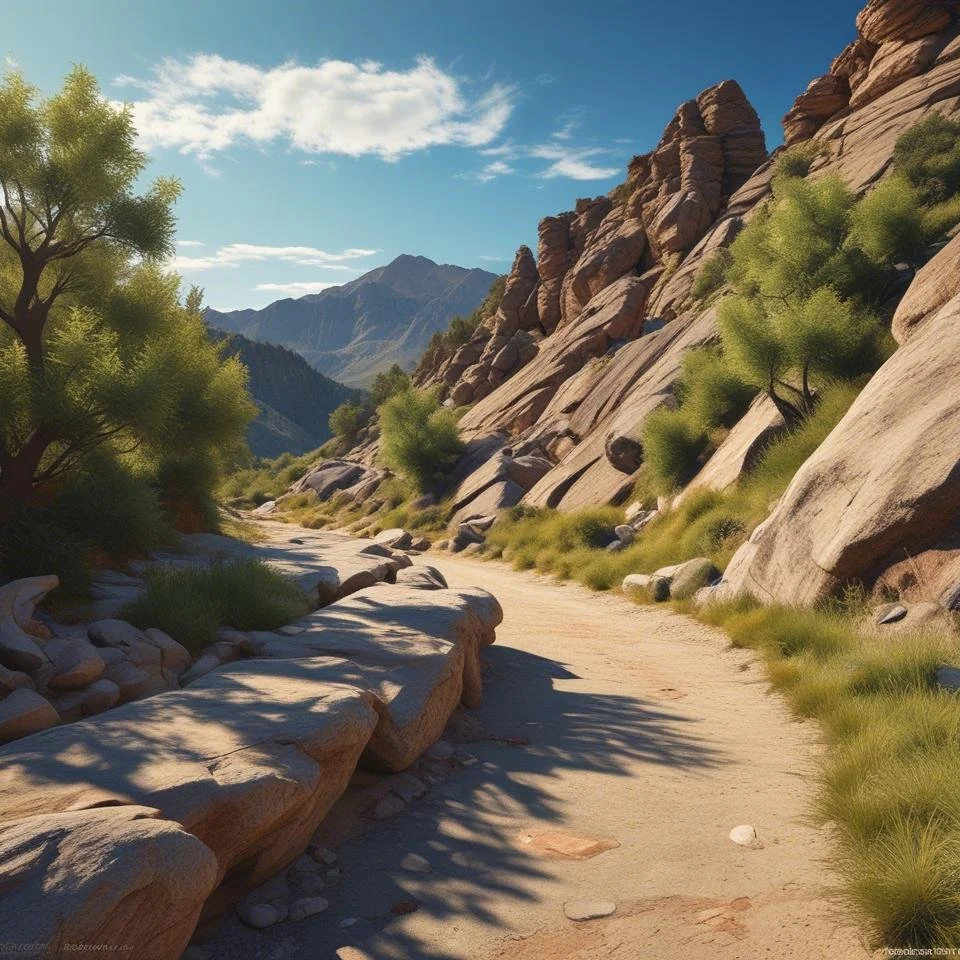 A dirt trail winding through a desert canyon with rocky cliffs on the right, green trees and bushes on both sides, and mountains in the distance under a blue sky with clouds.