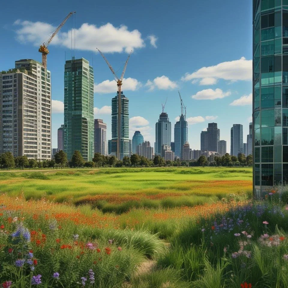 A city skyline with tall buildings and construction cranes, seen from a lush green field with colorful flowers