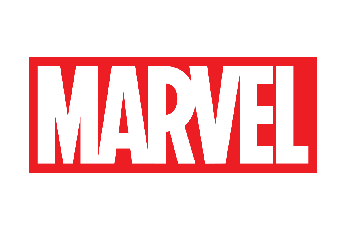 Marvel logo in white on a red rectangle background